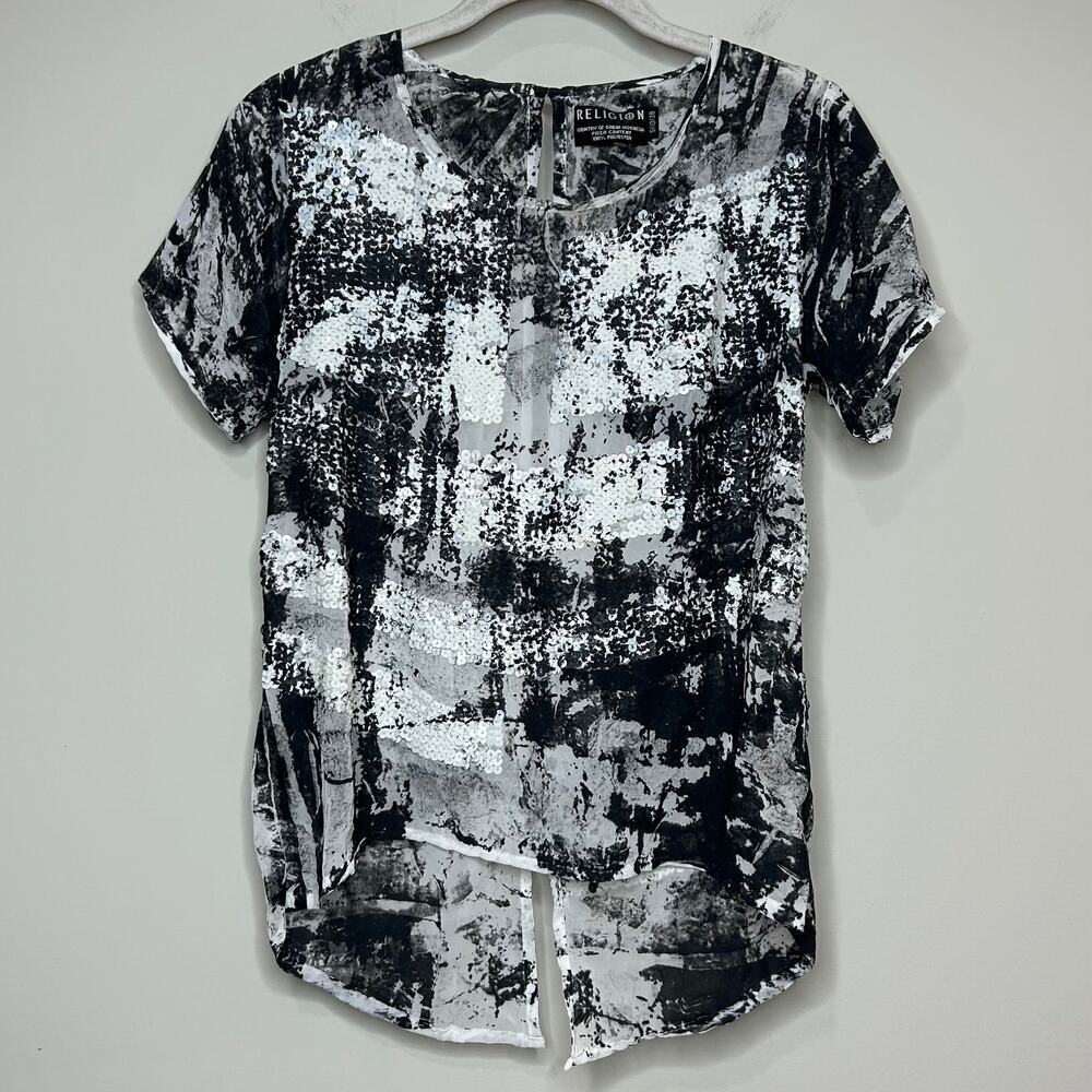 Religion Short Sleeve Open-Back Shirt Size S Sequins
